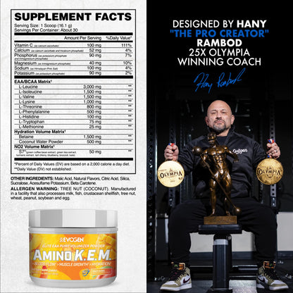 Evogen Amino K.E.M. EAA & BCAA | Tropic Thunder | 30 Servings | S7 nitric oxide blend with betaine anhydrous, coconut water and leucine for blood flow, muscle growth, hydration and recovery