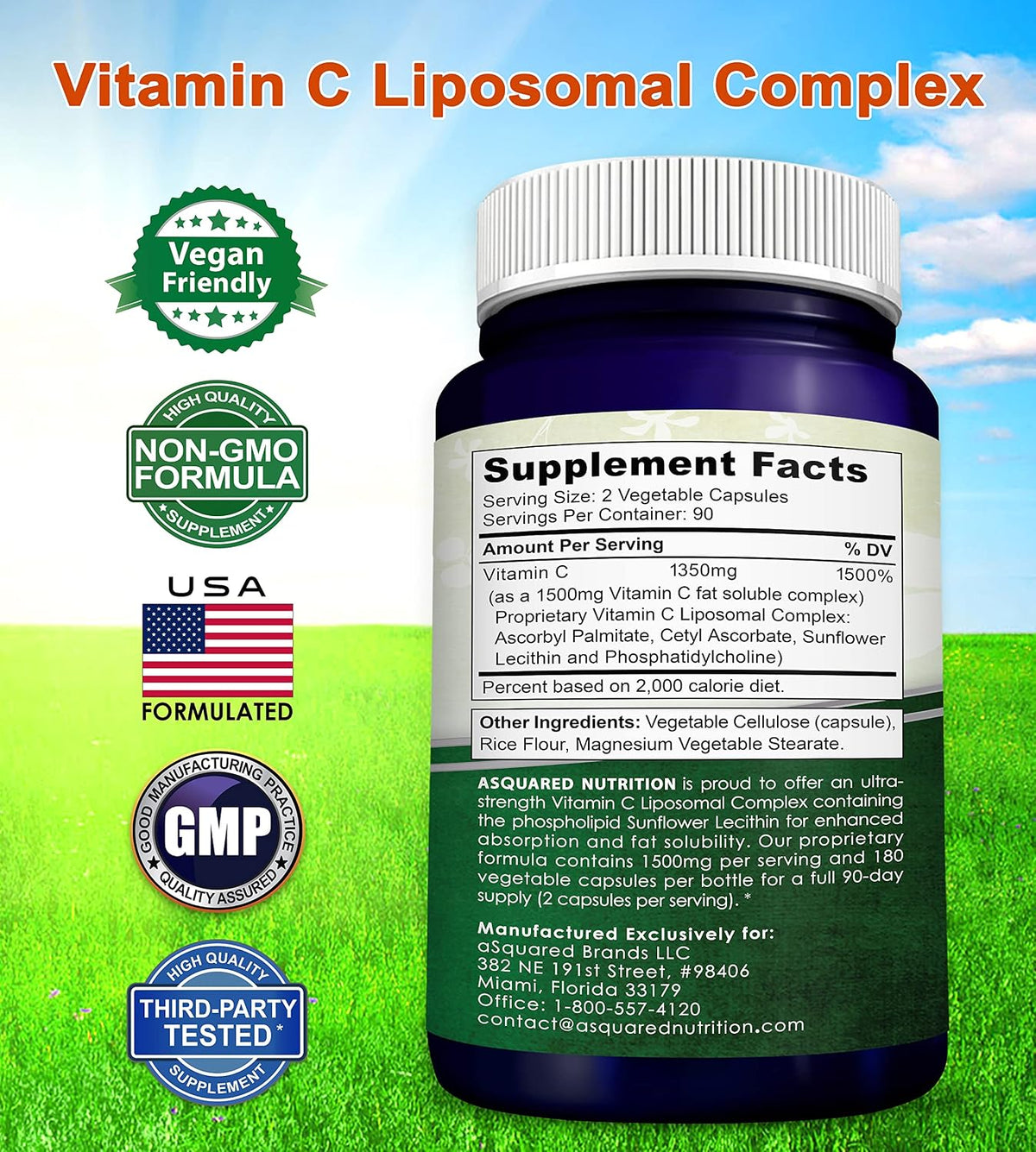 aSquared Nutrition Vitamin C Liposomal Complex - 1500mg Supplement - 180 Capsules - High Absorption VIT C Ascorbic Acid Pills - Supports Immune System & Collagen Health - 90 Servings
