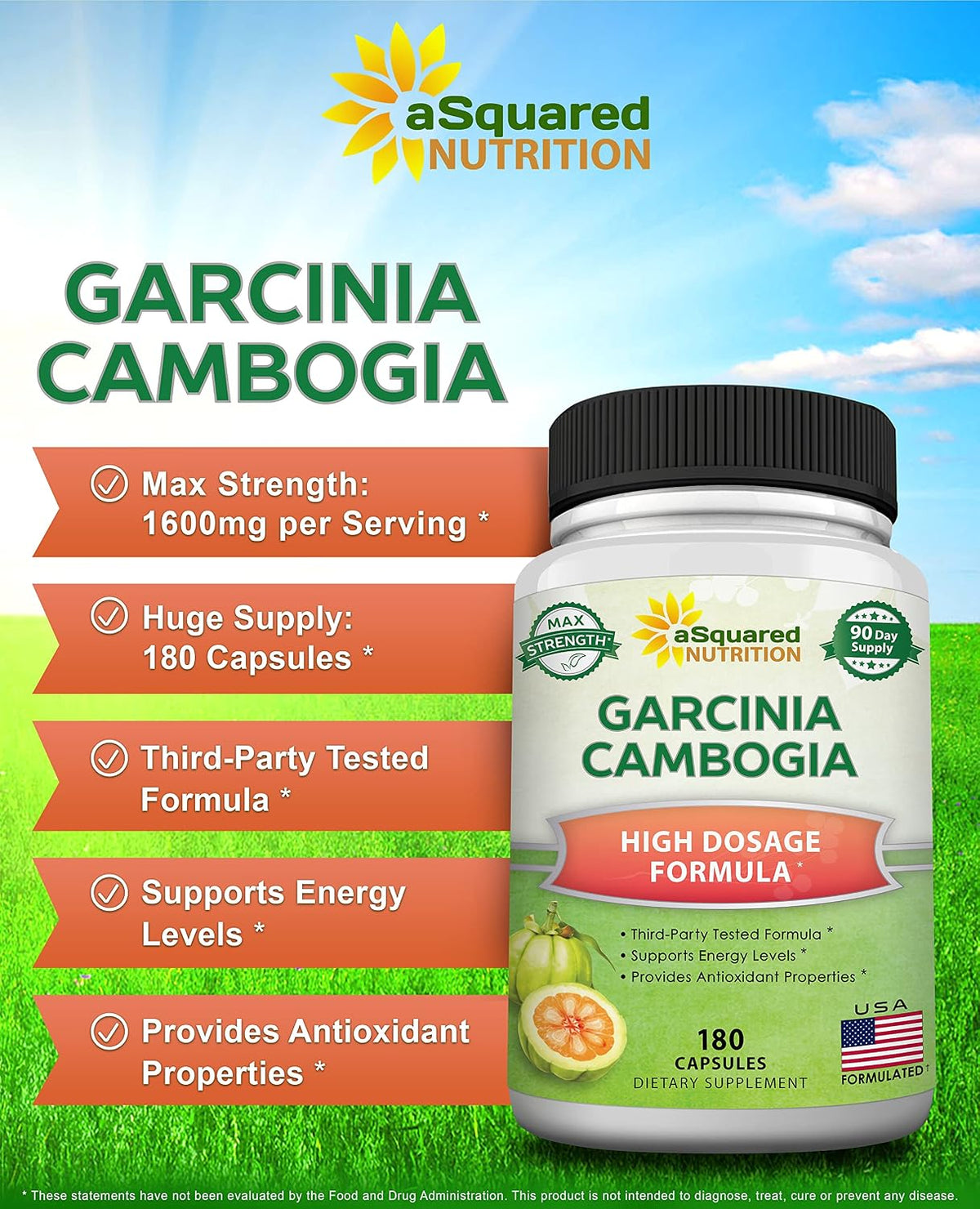 aSquared Nutrition Garcinia Cambogia - 1600mg/Serving - 180 Capsules | Standardized HCA Supplement - Natural Pure Extract Pills Alternative to Gummies, Drops, Tea & Powder