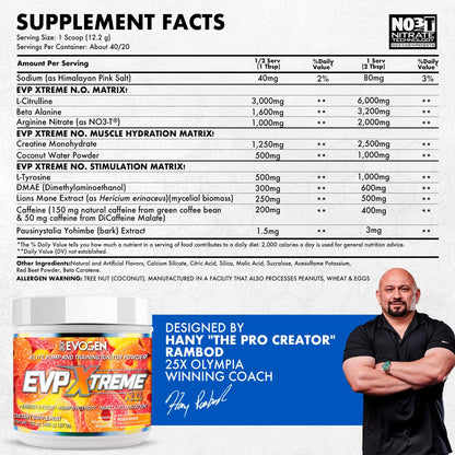 Evogen EVP Xtreme NO Pre-Workout for Men & Women | Sour Candy | 40 Servings | Arginine nitrate, L-citrulline, beta-alanine, creatine and coconut water; caffeine and yohimbe for energy and pumps