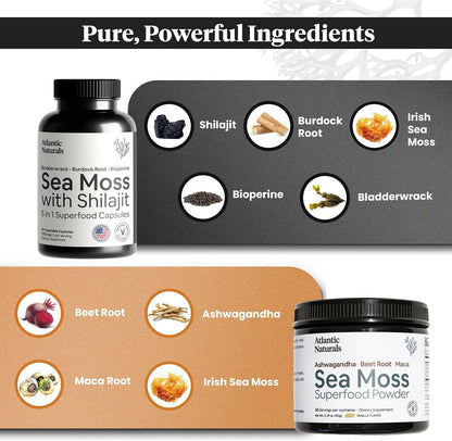 Atlantic Naturals Sea Moss Superfood Bundle - Sea Moss with Shilajit 5-in-1 Capsules & Sea Moss Powder with Ashwagandha, Beet Root & Maca Root - Enhanced Vitality, Skin & Athletic Support 60 ct & 150g