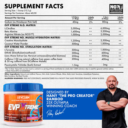 Evogen EVP Xtreme NO Pre-Workout for Men & Women | Sour Candy | 40 Servings | Arginine nitrate, L-citrulline, beta-alanine, creatine and coconut water; caffeine and yohimbe for energy and pumps