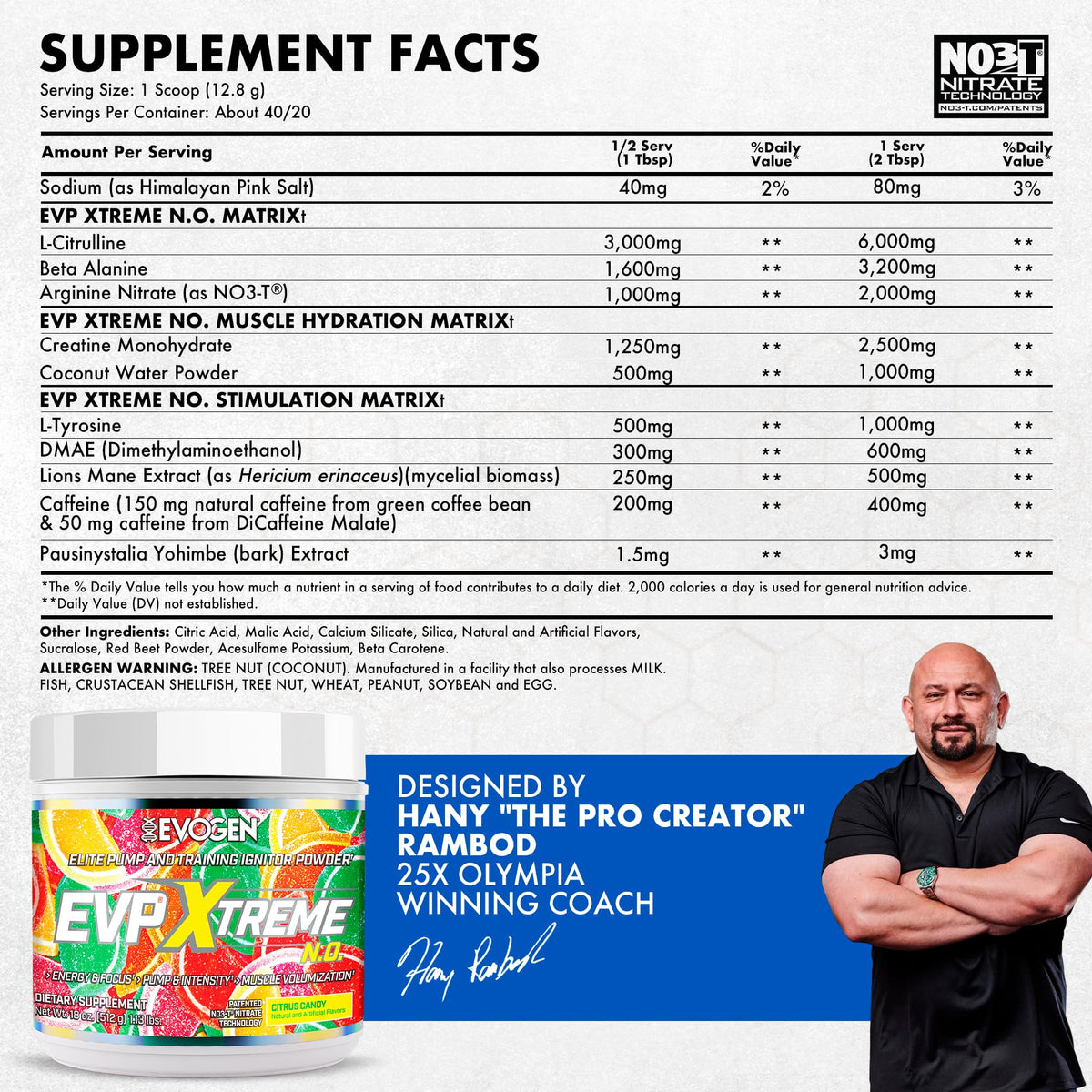 Evogen EVP Xtreme NO Pre-Workout for Men & Women | Sour Candy | 40 Servings | Arginine nitrate, L-citrulline, beta-alanine, creatine and coconut water; caffeine and yohimbe for energy and pumps