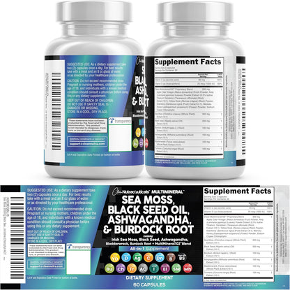Clean Nutraceuticals Sea Moss Black Seed Oil Ashwagandha Turmeric Bladderwrack Burdock & Vitamin C Vitamin D3 with Elderberry Manuka Dandelion Yellow Dock Iodine Chlorophyll ACV