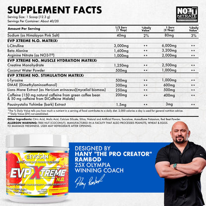 Evogen EVP Xtreme NO Pre-Workout for Men & Women | Sour Candy | 40 Servings | Arginine nitrate, L-citrulline, beta-alanine, creatine and coconut water; caffeine and yohimbe for energy and pumps
