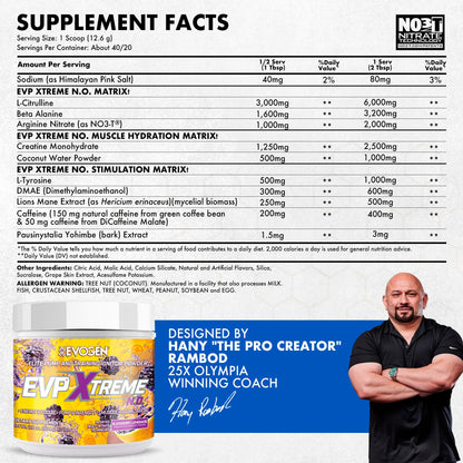 Evogen EVP Xtreme NO Pre-Workout for Men & Women | Sour Candy | 40 Servings | Arginine nitrate, L-citrulline, beta-alanine, creatine and coconut water; caffeine and yohimbe for energy and pumps
