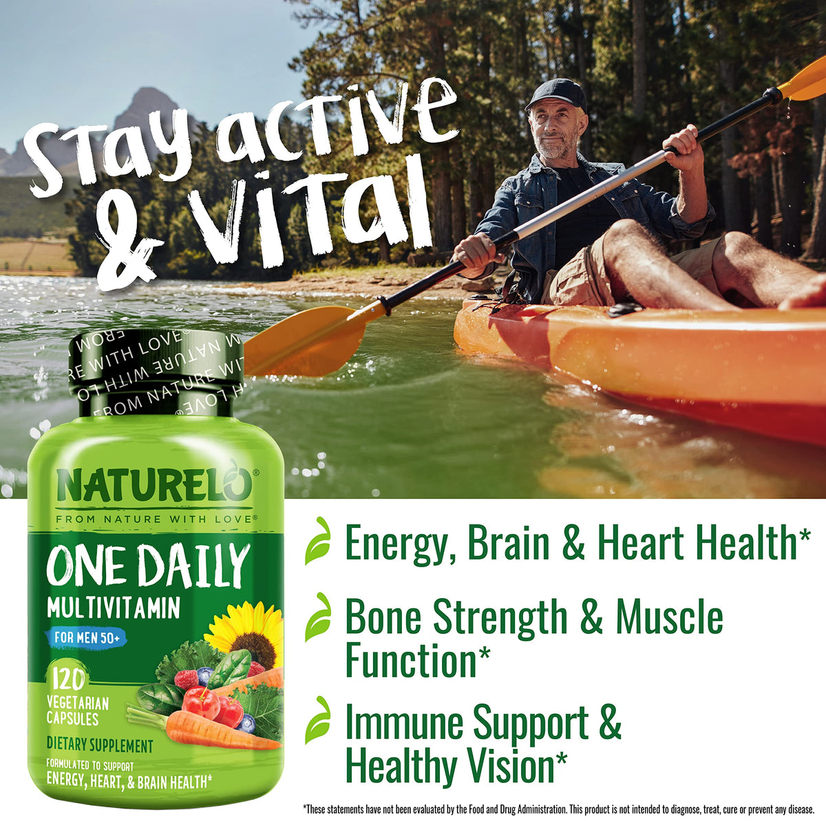 NATURELO Mens Multivitamins for Men 50+ - One Daily Multivitamin for Men with Vitamins, Minerals & Organic Whole Foods, Boost Energy & Health, Non-GMO, 60 Vegetarian Capsules
