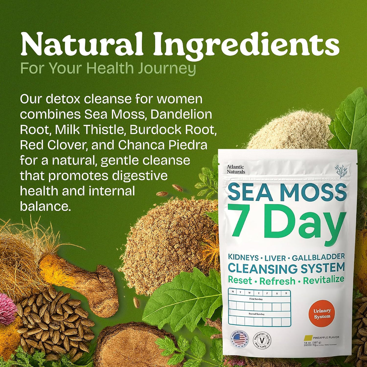 Atlantic Naturals Liver Cleanse Detox – 7 Day Sea Moss Liver, Gallbladder & Kidney Cleanse Drink Mix with Milk Thistle, Dandelion Root, Burdock & Chanca Piedra – Pineapple Flavor, 14 oz