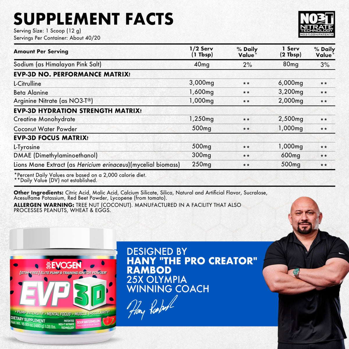 Evogen EVP 3D Stim Free Pre-Workout | Citrus Candy | 40 Servings | Arginine nitrate, L-citrulline, beta-alanine and creatine with lion's mane, L-tyrosine and DMAE for pumps and focus