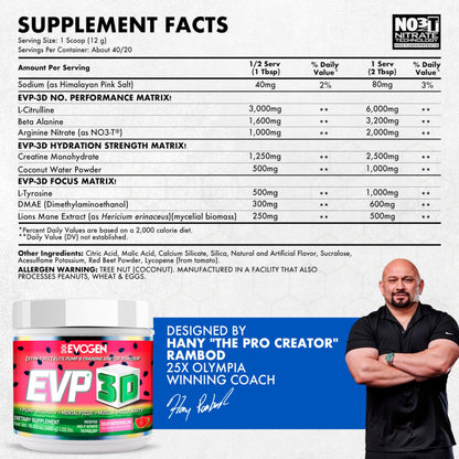 Evogen EVP 3D Stim Free Pre-Workout | Citrus Candy | 40 Servings | Arginine nitrate, L-citrulline, beta-alanine and creatine with lion's mane, L-tyrosine and DMAE for pumps and focus