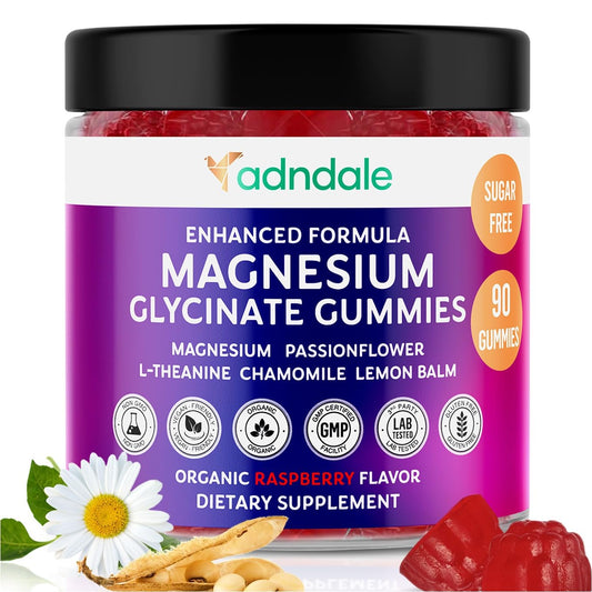 Adndale 90CT Magnesium Glycinate Gummies. Sugar Free Chews for Adults & Kids. Raspberry Flavour - PrimeBioHealth - canada supplements