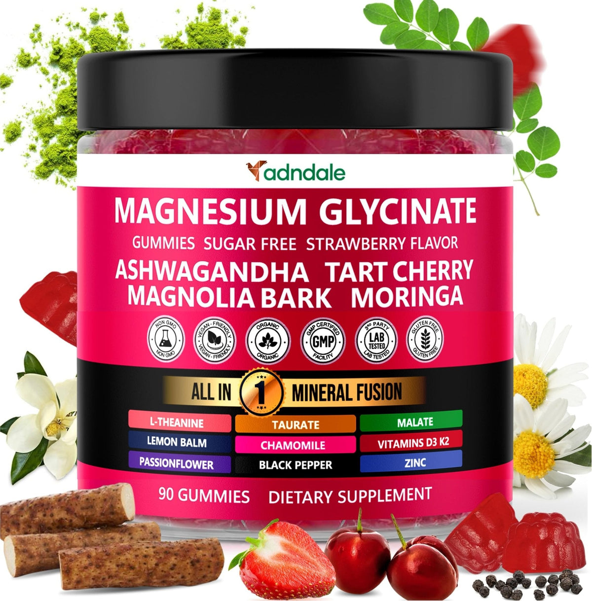 Adndale Magnesium Glycinate 400 mg Gummies with Ashwagandha, Magnesium Malate & Taurate, Tart Cherry, Magnolia Bark, Lemon Balm, Passionflower - PrimeBioHealth - canada supplements