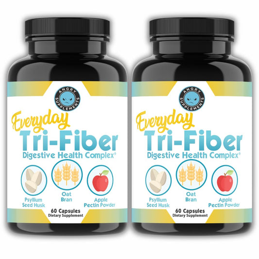 Angry Supplements Tri-Fiber Digestive Health Complex – Psyllium Husk, Oat Bran & Apple Pectin – Prebiotic Fiber for Gut Health & Regularity – 60 Capsules (2-Bottles) - PrimeBioHealth - canada supplements