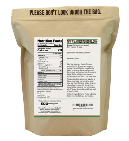 Anthony's Organic Ceylon Cinnamon Powder, 1 lb, Ground, Gluten Free, Non Irradiated, Non GMO, Keto Friendly - PrimeBioHealth - canada supplements