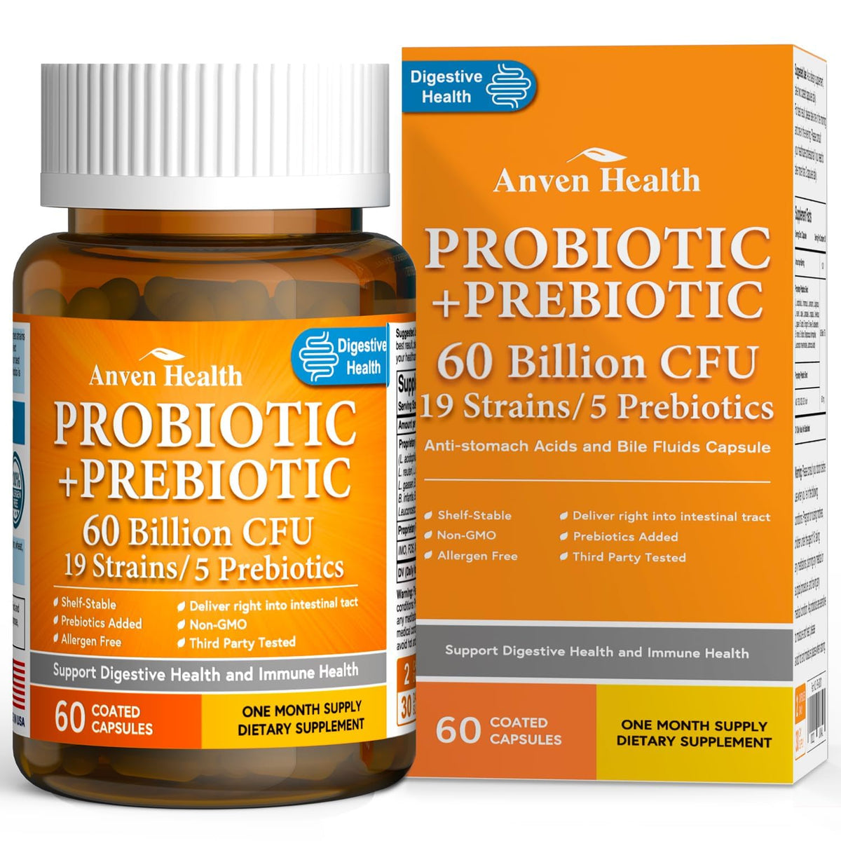 Anven Health 60 Billion Probiotic and Prebiotic for Women and Men - 19 Strains 5 Organic Prebiotics for Gut Digestive & Immune Health, Supports Diarrhea Gas Bloating, Non-GMO – Made in USA丨60 Caps - PrimeBioHealth - canada supplements