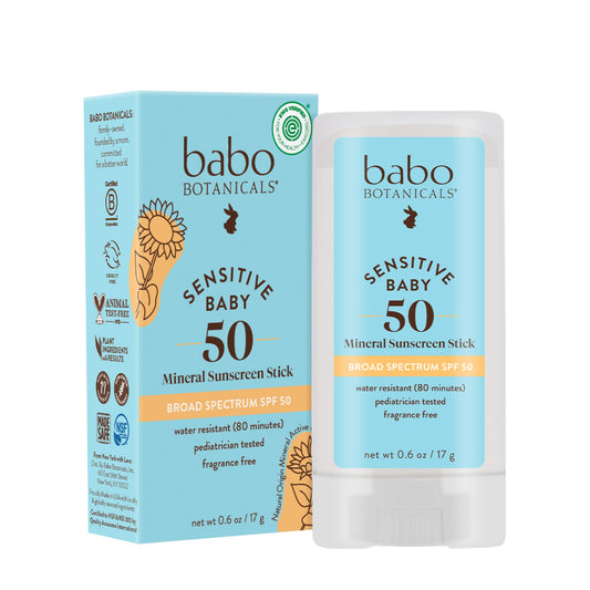 Babo Botanicals Sensitive Baby Mineral Sunscreen Stick SPF 50 - 70% Organic Ingredients - Zinc Oxide - NSF & MADE SAFE and EWG Certified - PrimeBioHealth - canada supplements