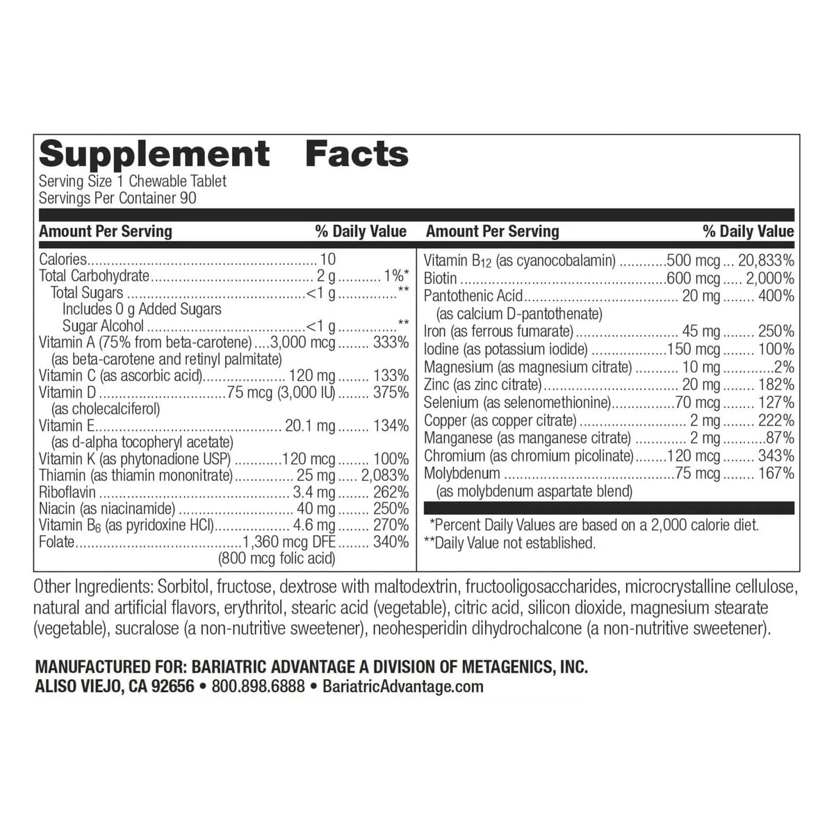 Bariatric Advantage Chewable Ultra Solo with Iron - Once-Per-Day Daily Multivitamin - for Bariatric Surgery Patients - Thiamin, Vitamin A & More - PrimeBioHealth - canada supplements
