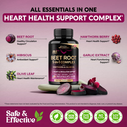 Beet Root 5-in-1 Complex Capsules - Healthy Blood Pressure Support Supplement** for Heart & Circulation Support - with Hawthorn Berry, Hibiscus & Garlic - PrimeBioHealth - canada supplements