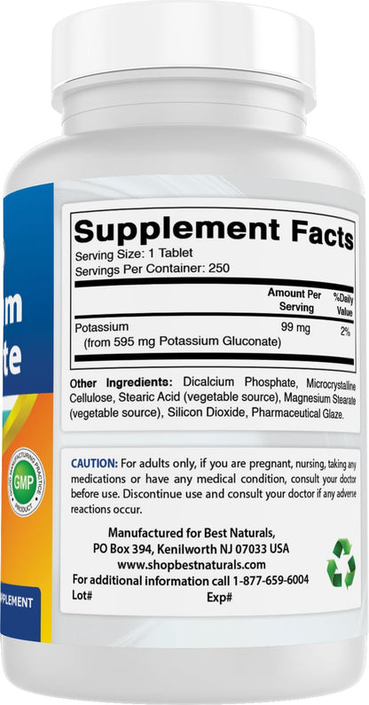 Best Naturals Potassium Gluconate Supplement 595 Mg Tablet, 250Count - PrimeBioHealth - canada supplements