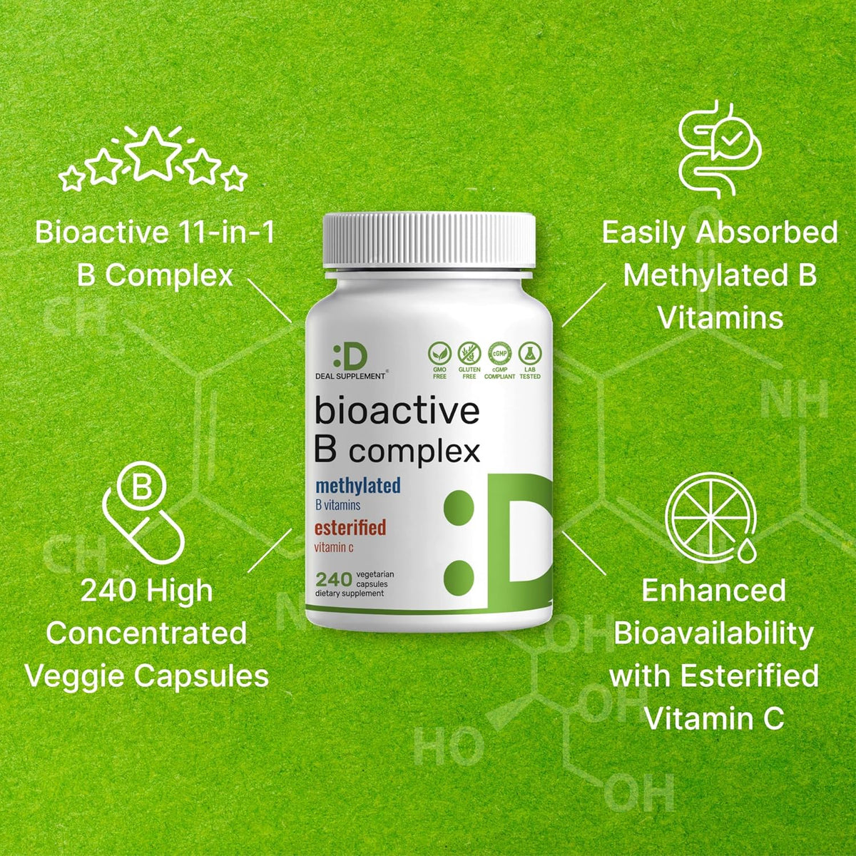 Bioactive Vitamin B Complex for Men & Women, 240 Veggie Capsules - Methylated B Complex & Esterified Vitamin C – High Potency & Easy Absorption – Immune, Energy & Metabolism Supplement – Non-GMO - PrimeBioHealth - canada supplements