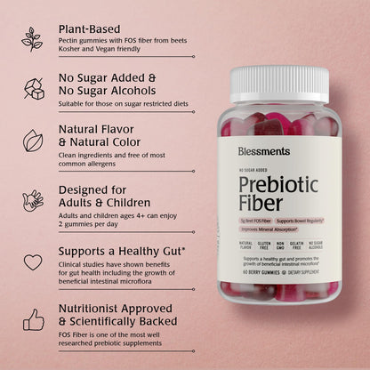 Blessments - Prebiotic Fiber Gummies for Adults & Kids with No Added Sugar- 5g (60 Count-2 Pack) High Fiber Supplement Gummies - Vegan - Keto Friendly - PrimeBioHealth - canada supplements