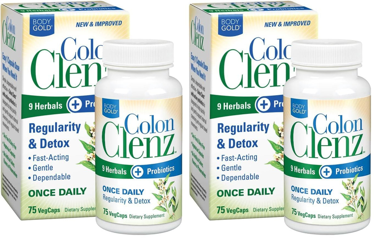 Body Gold Colon Clenz & Detox Overnight Formula | Once Daily with 9 Herbs + Active Probiotics | Constipation Relief for Adults | Bloating Relief for Women & Men | 75 Capsules - PrimeBioHealth - canada supplements
