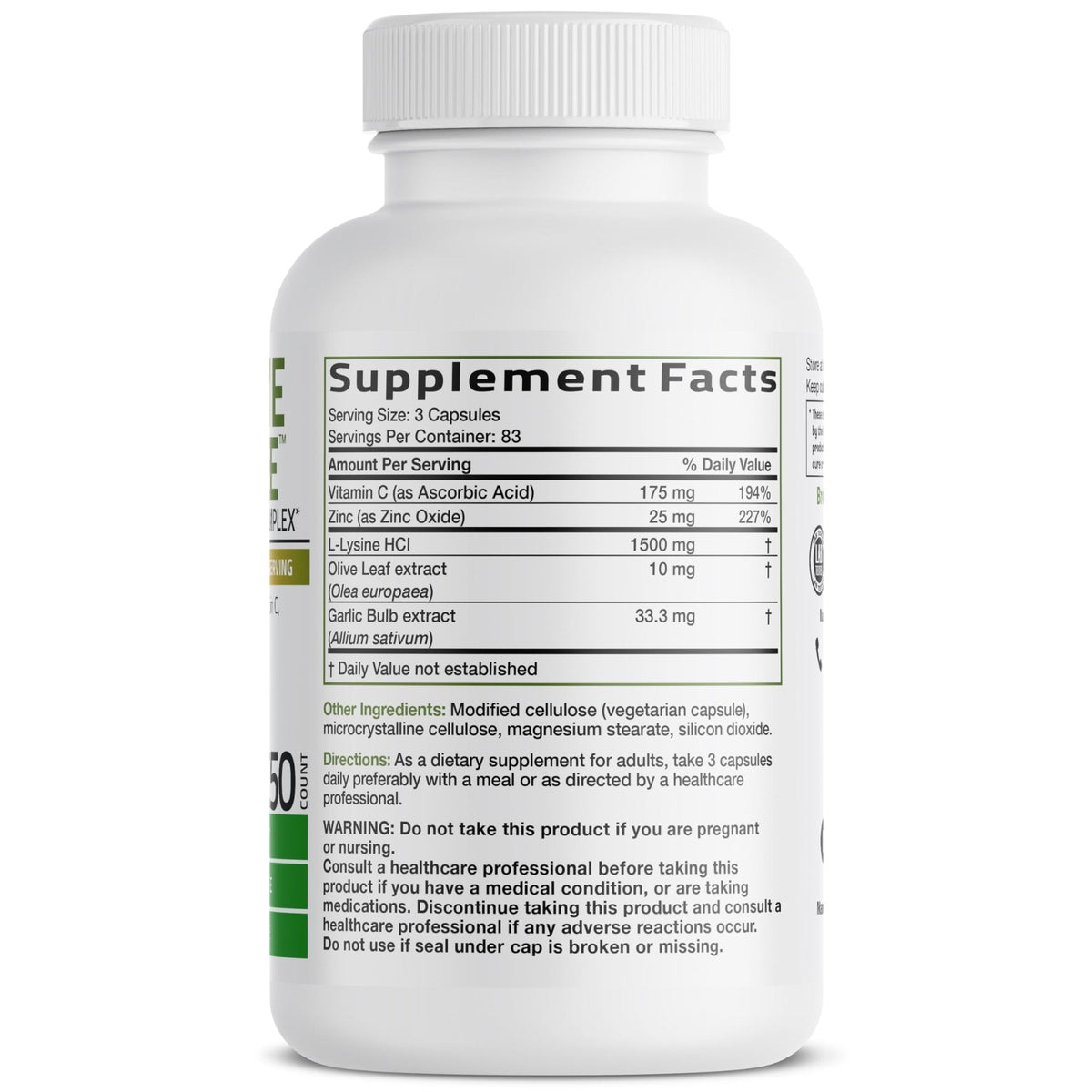 Bronson L-Lysine Defense Immune Support Complex 1500 MG L-Lysine Plus Olive Leaf, Garlic, Vitamin C and Zinc - Non-GMO, 90 Vegetarian Capsules - PrimeBioHealth - canada supplements