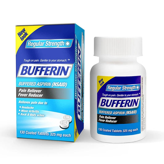 Bufferin Aspirin 325mg, Pain Reliever & Fever Reducer, with 3 Buffering Agents Relieves 7 Types of Pain: Headaches, Back Ache, Arthritis, Muscle Aches & More, for Adults, 130 Coated Tablets, 1-Pack - PrimeBioHealth - canada supplements