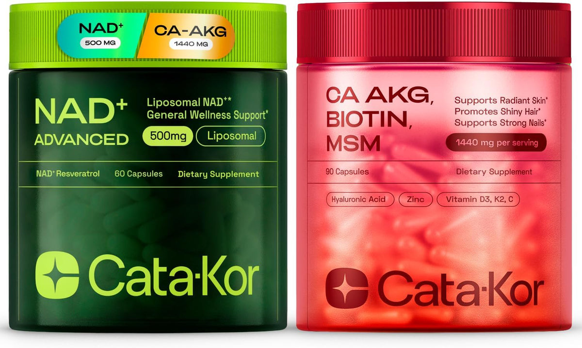 Cata-Kor NAD+ Supplement & Ca-AKG Complex - Liposomal NAD+ Supplement with Resveratrol (60 Capsules) & Ca-AKG, MSM, Hyaluronic Acid & Biotin Beauty Complex (90 Capsules) - PrimeBioHealth - canada supplements
