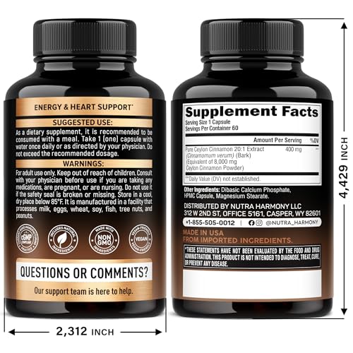 Ceylon Cinnamon Capsules - Extra Strength - Energy Heart & Metabolism Support for Men & Women - Pure Natural Cinnamon 20:1 Extract Supplement - PrimeBioHealth - canada supplements