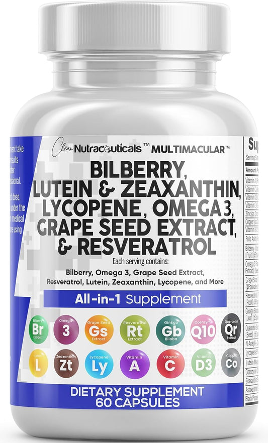 Clean Nutra Eye Vitamins with Bilberry Lutein and Zeaxanthin Supplements Lycopene 40mg Resveratrol Grape Seed Astaxanthin for Eyes - Eye Care Health Support Eye - PrimeBioHealth - canada supplements