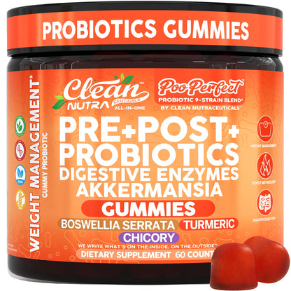 Clean Nutra Prebiotic Postbiotic Digestive Enzymes Gummies with Chicory Root, Boswellia Serrata, Turmeric, and Akkermansia | Pre+Post Probiotics Supplement - PrimeBioHealth - canada supplements
