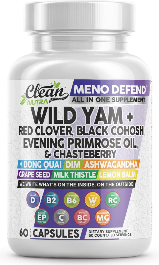 Clean Nutra Wild Yam Root Capsules with Red Clover Black Cohosh Evening Primrose Oil Chasteberry Dong Quai DIM Ashwagandha Grape Seed Extract Milk Thistle Lemon Balm - PrimeBioHealth - canada supplements