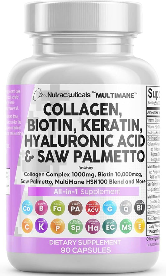 Clean Nutraceuticals Collagen Pills 1000mg Biotin 10000mcg Keratin Saw Palmetto Hyaluronic Acid - Hair Skin & Nails Vitamins & DHT Blocker with Vitamin E Folic Acid - PrimeBioHealth - canada supplements