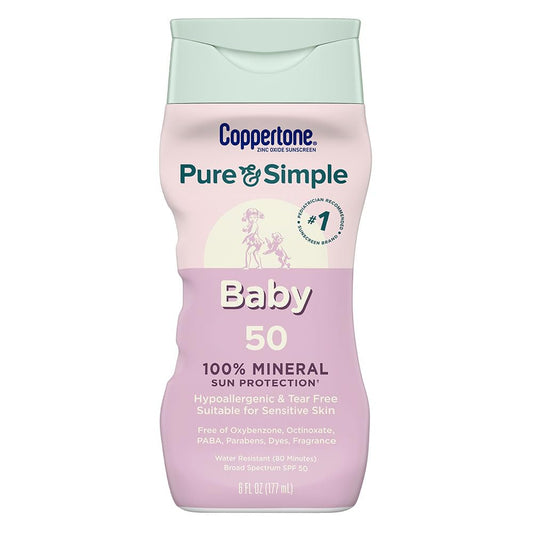 Coppertone Pure and Simple Baby Sunscreen Lotion SPF 50, Zinc Oxide Mineral Sunscreen for Babies, Hypoallergenic and Tear Free, 6 Fl Oz Bottle - PrimeBioHealth - canada supplements
