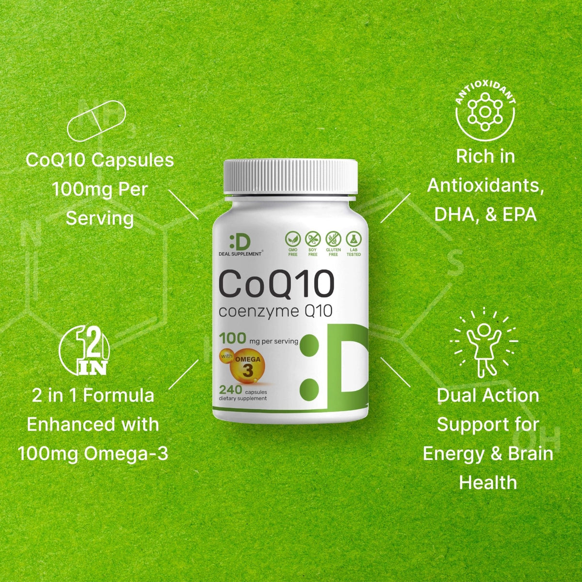 DEAL SUPPLEMENT CoQ10 100mg with Omega 3 100mg, 240 Capsules | Bioavailable Coenzyme Q10 Formula | Non-GMO - PrimeBioHealth - canada supplements