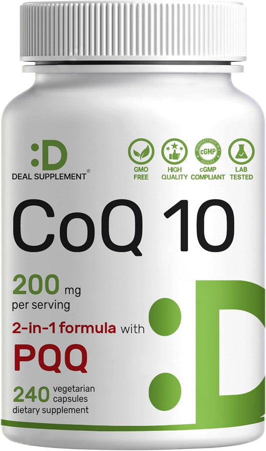 DEAL SUPPLEMENT CoQ10 200mg with PQQ 200mcg, 240 Veggie Capsules | Bioavailable Coenzyme Q10 Complex | Supports Heart, Energy & Brain Health | Antioxidant Support | Non-GMO - PrimeBioHealth - canada supplements