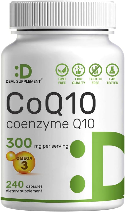 DEAL SUPPLEMENT CoQ10 300mg with Omega 3 100mg, 240 Capsules | Bioavailable Coenzyme Q10 Formula | Supports Heart, Energy & Brain Health | Antioxidant Support | Non-GMO - PrimeBioHealth - canada supplements