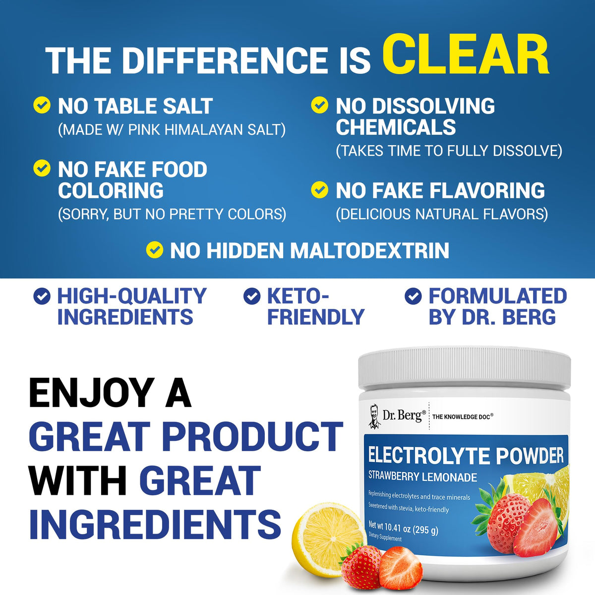 Dr. Berg Zero Sugar Hydration Keto Electrolyte Powder - Enhanced w/ 1000 mg of Potassium & Real Pink Himalayan Salt (NOT Table Salt) - Strawberry Lemonade Hydration Drink Supplement - 50 Servings - PrimeBioHealth - canada supplements
