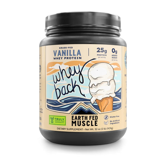 Earth Fed Muscle Whey Back Irish Grass Fed Whey Protein Isolate, Third-Party Certified. 25g Protein, Vanilla - Non-GMO, Hormone Free, Soy Free, Gluten Free - 2 LB, 29 Servings - PrimeBioHealth - canada supplements