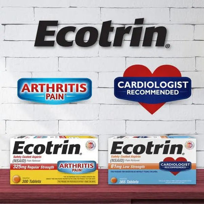 Ecotrin Regular Strength Safety Coated Aspirin | Arthritis Pain | 300 Tablets (2 Pack) - PrimeBioHealth - canada supplements