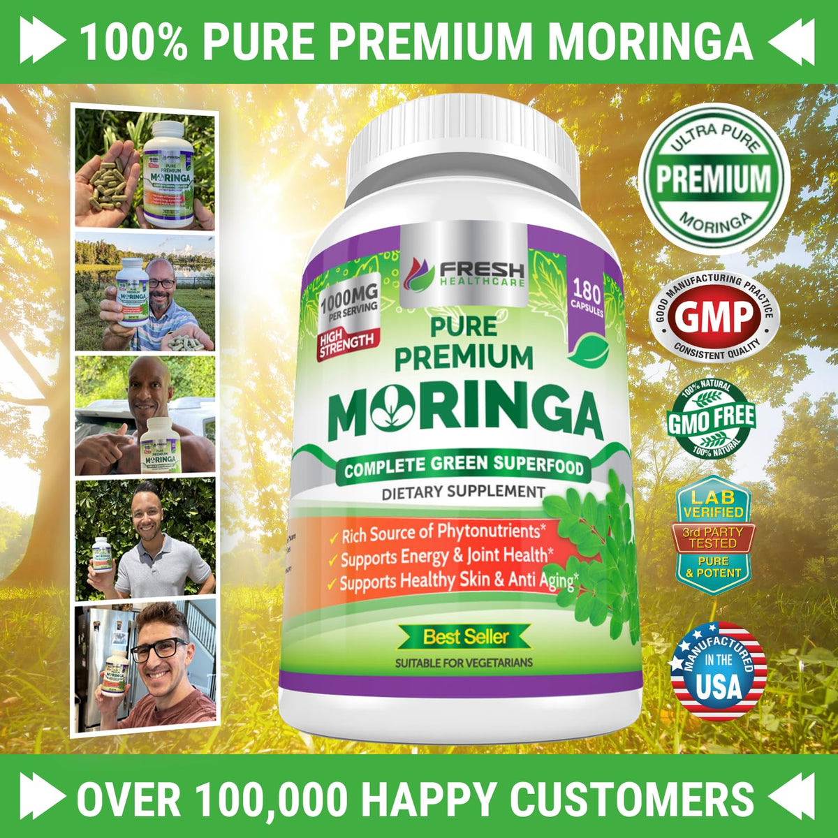 FRESH HEALTHCARE Moringa Capsules – 100% Pure Leaf Powder - 180 Pills, Non-GMO - 3 Month Supply - Complete Green Superfood for Energy - PrimeBioHealth - canada supplements