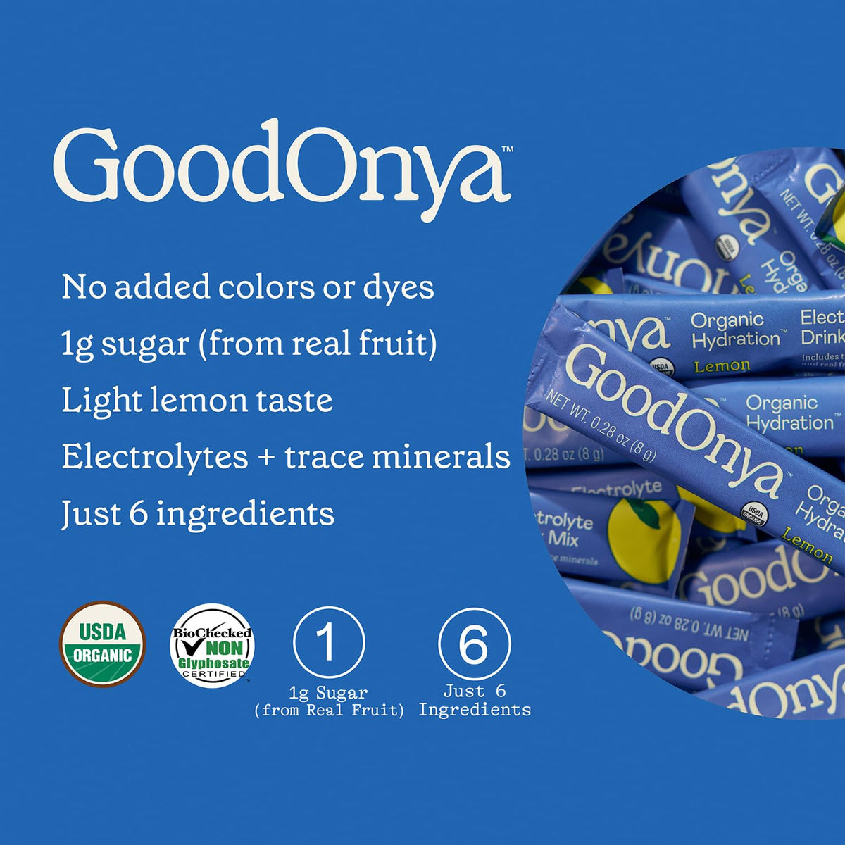 GOODONYA Organic Hydration Electrolyte Drink Mix, Certified Organic Hydration Powder, Non-GMO, Biochecked Glyphosate Free, Low Sugar, Lemonade Flavor, No Artificial Flavors,12 Stick Packs - PrimeBioHealth - canada supplements