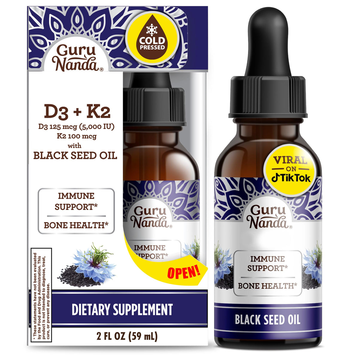 GuruNanda Black Seed Oil, Cold-Pressed Nigella Sativa - Rich in Vitamin D3 5000 Units, K2 & E, High Thymoquinone | Potent Antioxidant - PrimeBioHealth - canada supplements