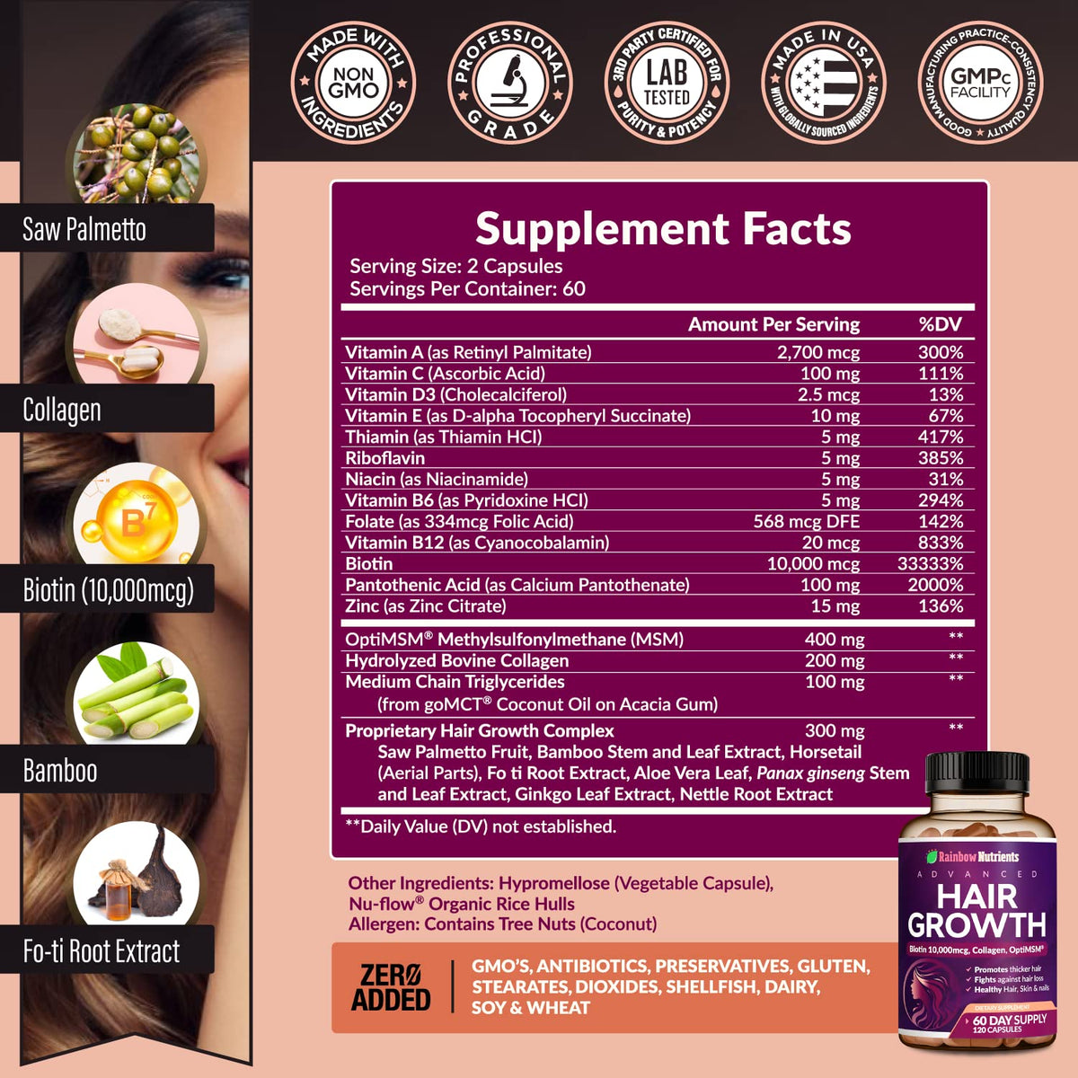 Hair Growth Vitamins for Women | Biotin 10,000mcg, Collagen, Patented OptiMSM®, goMCT - PrimeBioHealth - canada supplements
