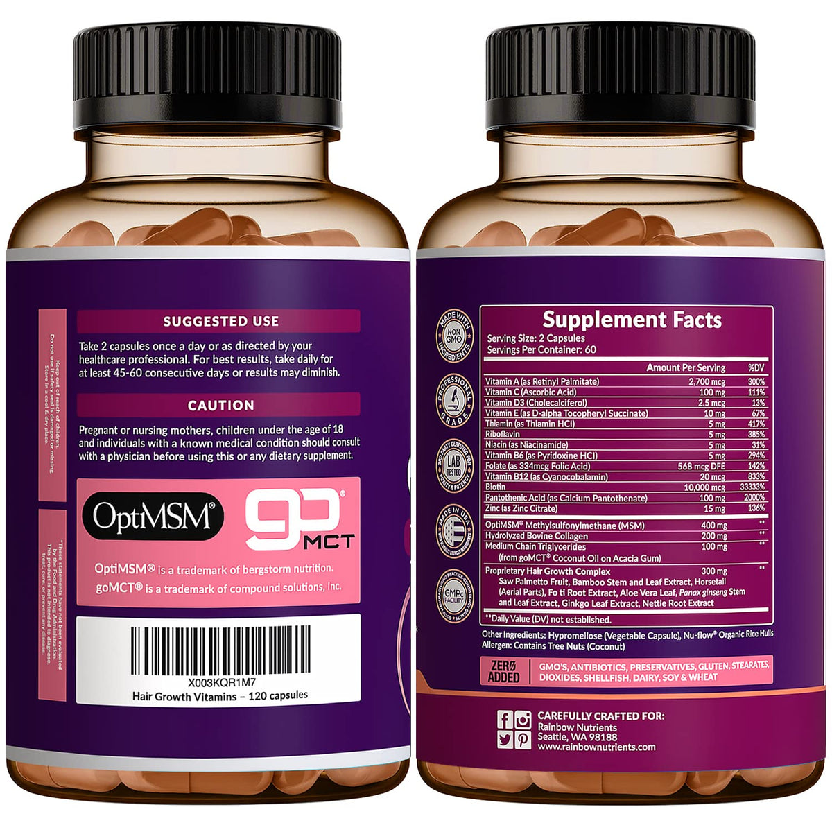 Hair Growth Vitamins for Women | Biotin 10,000mcg, Collagen, Patented OptiMSM®, goMCT - PrimeBioHealth - canada supplements