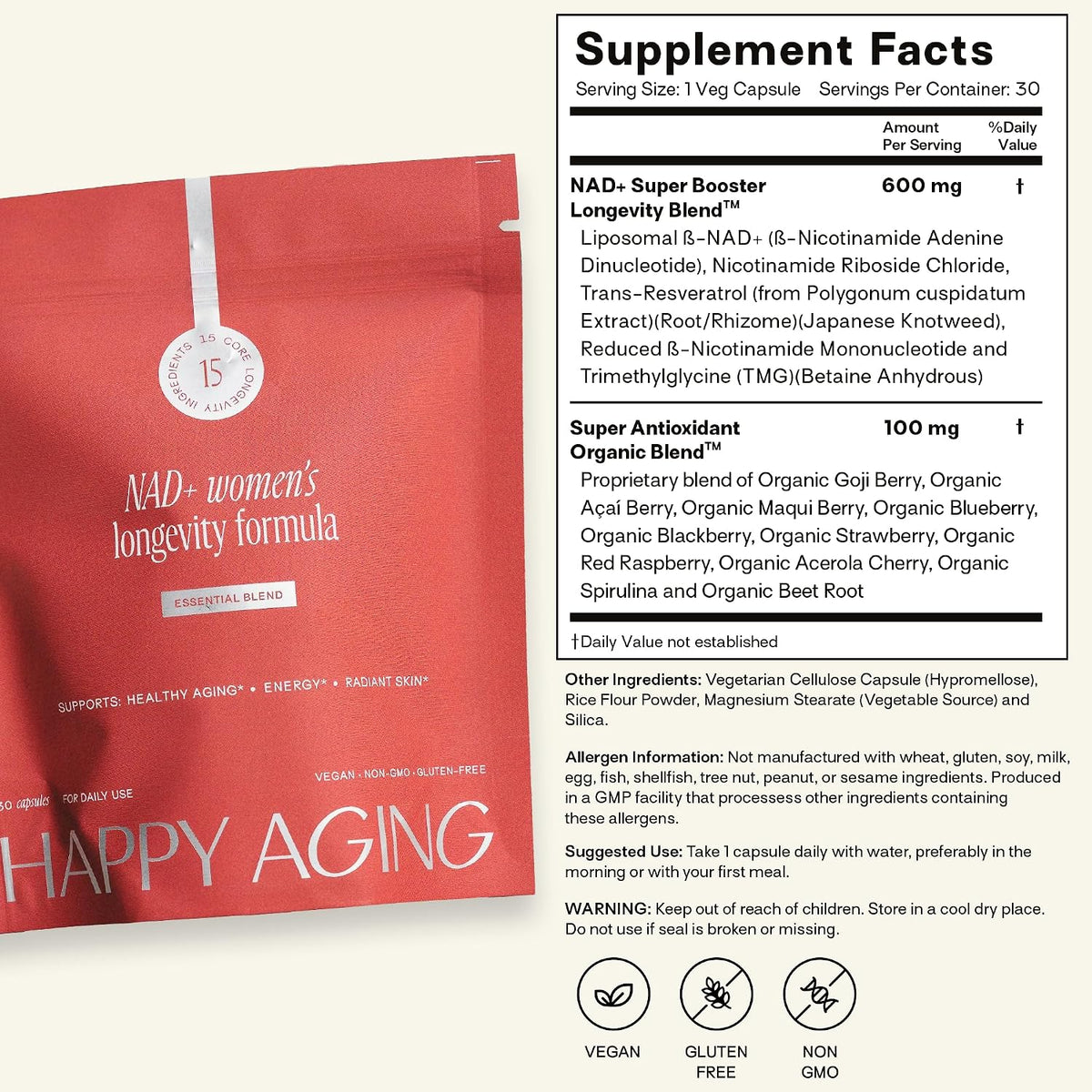 Happy Aging Essential Longevity Formula, NAD+ Super Booster with NR, NMNH & Liposomal β-NAD+, Organic Antioxidant Superfruit Blend for Cellular Energy, Skin Hydration & Daily Vitality, 30 Capsules - PrimeBioHealth - canada supplements