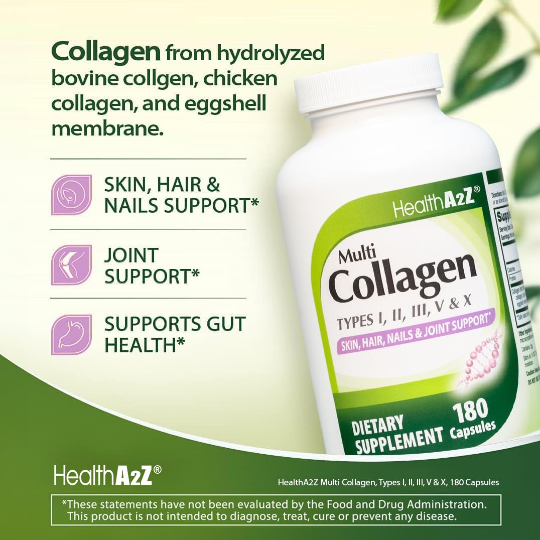 HealthA2Z Multi Collagen pills 1735mg -180 collagen capsules (60 servings) - Types I, II, III, V & X for Healthy Skin, Hair, Nails & Joint Support - PrimeBioHealth - canada supplements