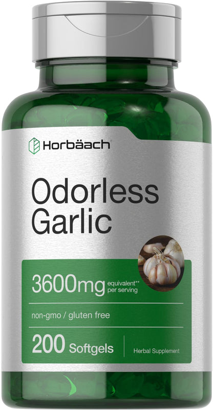 Horbäach Odorless Garlic Softgel Supplement | 200 Count | Ultra Potent Concentrated Herbal Extract | Non-GMO & Gluten Free - PrimeBioHealth - canada supplements