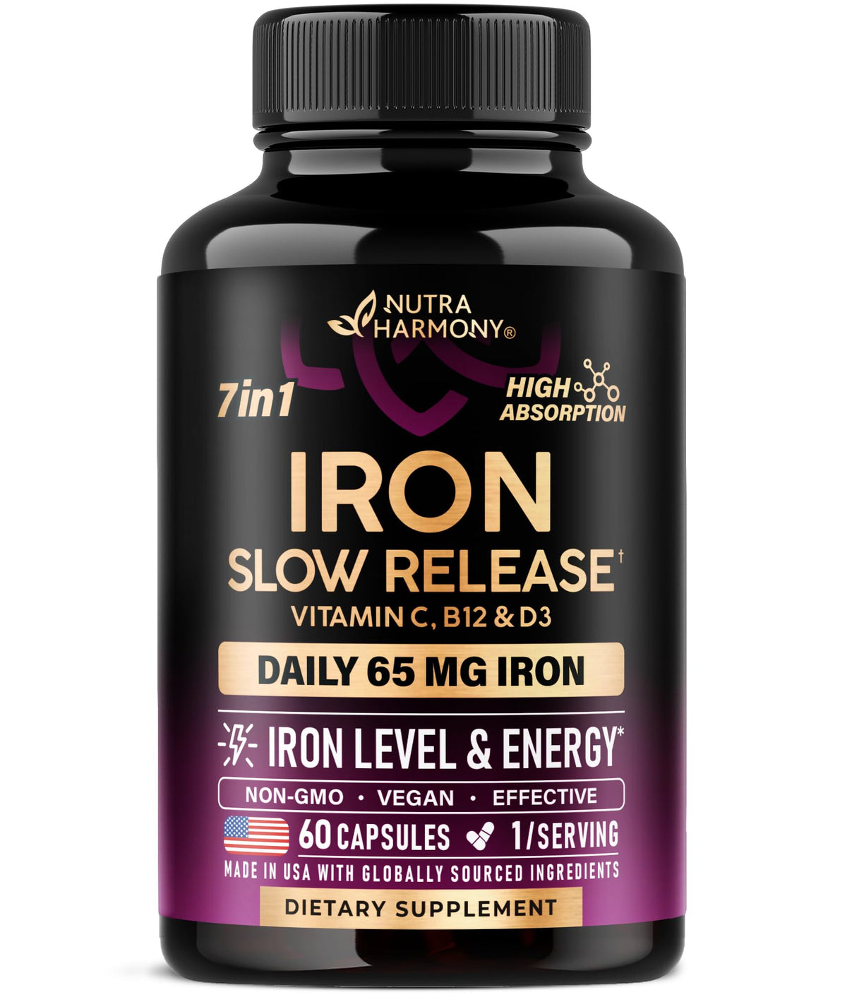 Iron Supplement for Women - Iron 65mg (Ferrous Sulfate 325mg) - Stomach Friendly | Slow Release Iron | High Absorption - Vitamins C, D3, B6, B12 & Folate - PrimeBioHealth - canada supplements